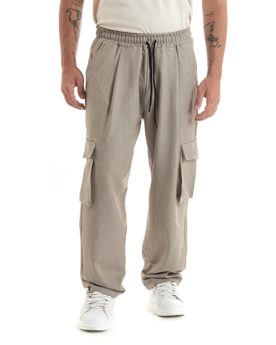 Pantaloni Uomo Baggy Lunghi Wide Leg Pantalaccio Fondo Largo Jogger Cargo Con Tasconi Beige Melangiato GIOSAL-P5919A
