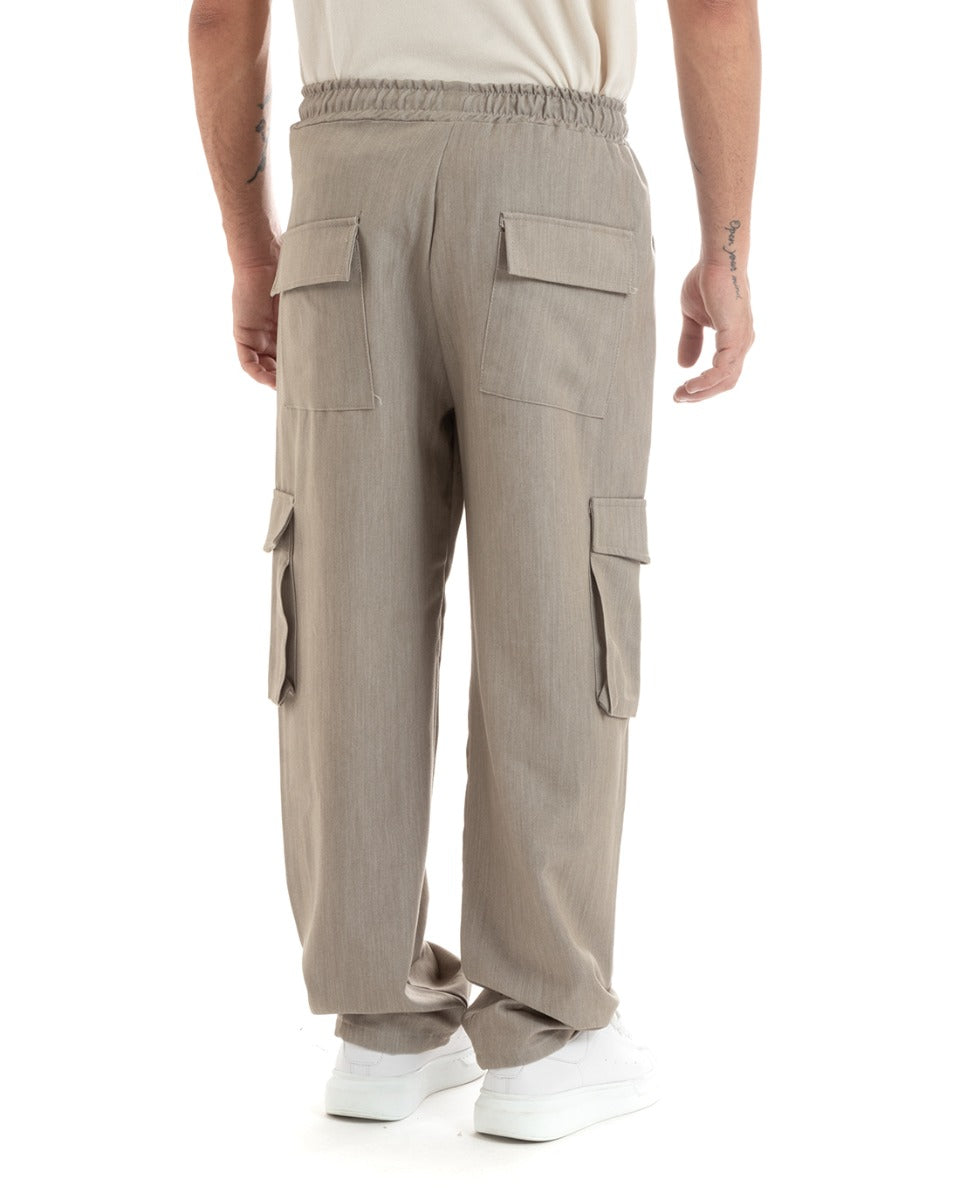 Pantaloni Uomo Baggy Lunghi Wide Leg Pantalaccio Fondo Largo Jogger Cargo Con Tasconi Beige Melangiato GIOSAL-P5919A