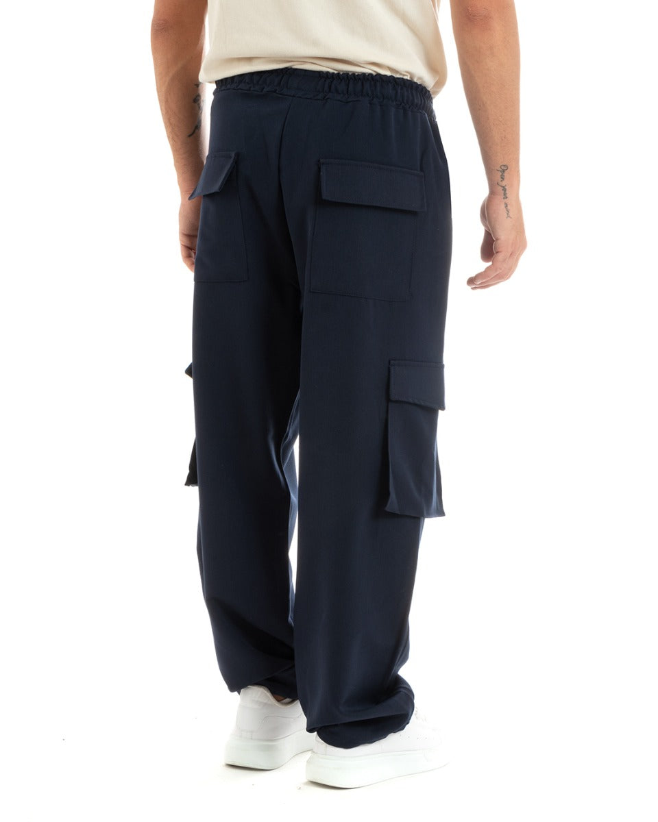 Pantaloni Uomo Baggy Lungo Pantalaccio Fondo Largo Cargo Tasconi Blu GIOSAL-P5920A