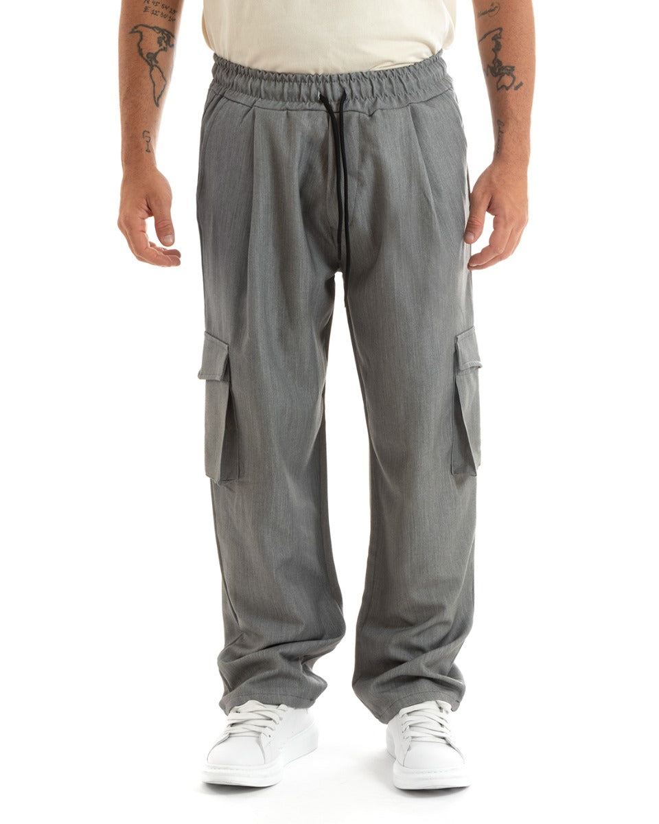 Pantaloni Uomo Baggy Lunghi Wide Leg Pantalaccio Fondo Largo Jogger Cargo Con Tasconi Grigio Melangiato GIOSAL-P5922A