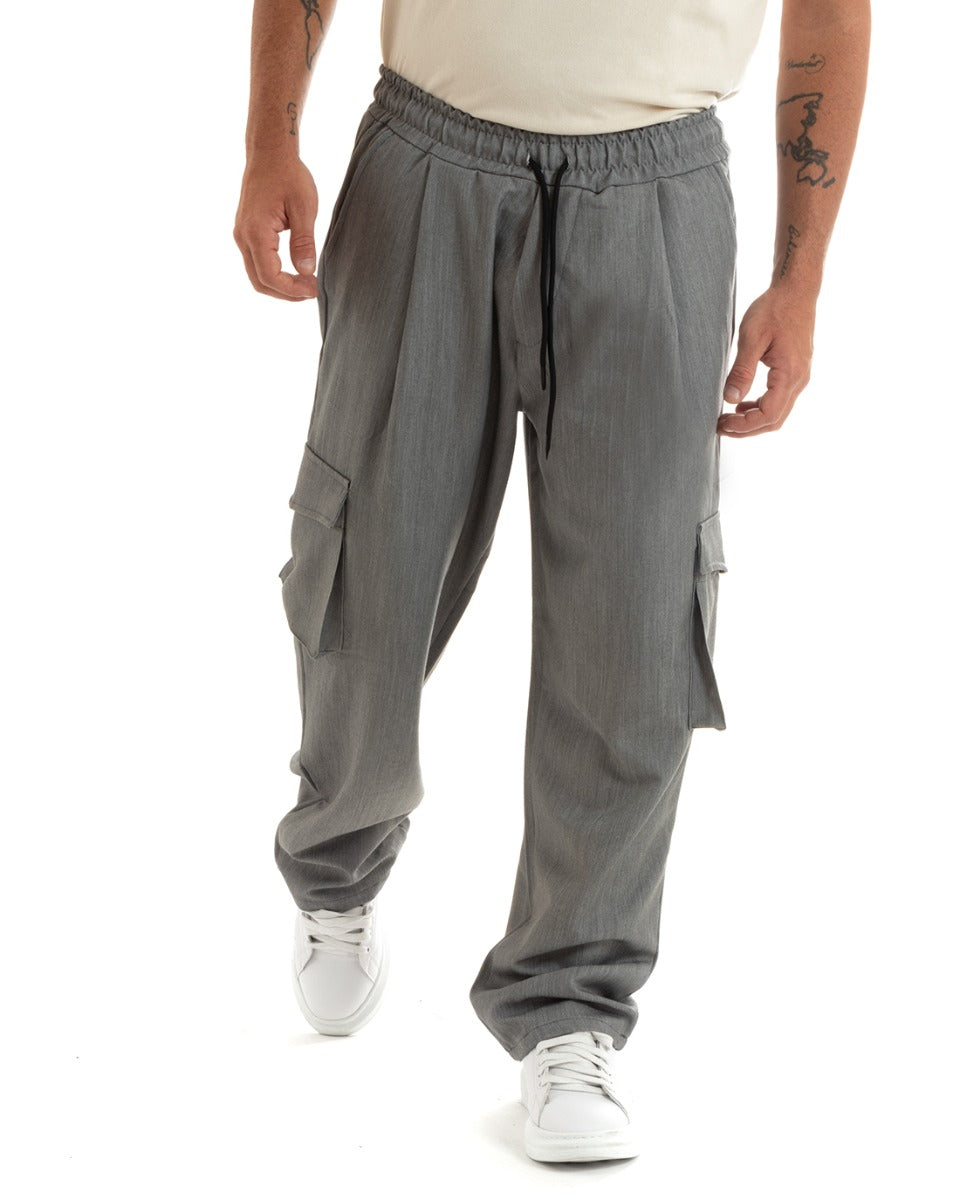 Pantaloni Uomo Baggy Lunghi Wide Leg Pantalaccio Fondo Largo Jogger Cargo Con Tasconi Grigio Melangiato GIOSAL-P5922A