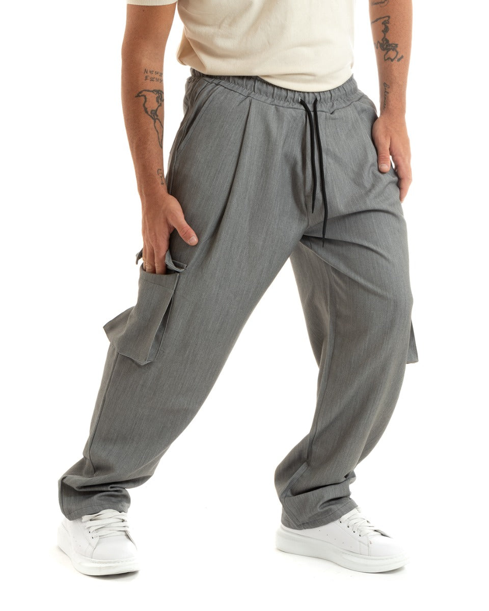 Pantaloni Uomo Baggy Lunghi Wide Leg Pantalaccio Fondo Largo Jogger Cargo Con Tasconi Grigio Melangiato GIOSAL-P5922A