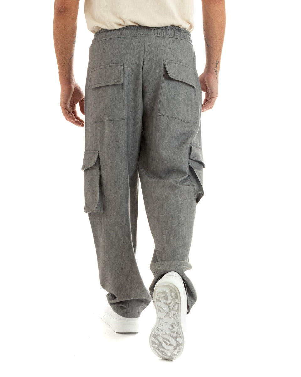 Pantaloni Uomo Baggy Lunghi Wide Leg Pantalaccio Fondo Largo Jogger Cargo Con Tasconi Grigio Melangiato GIOSAL-P5922A