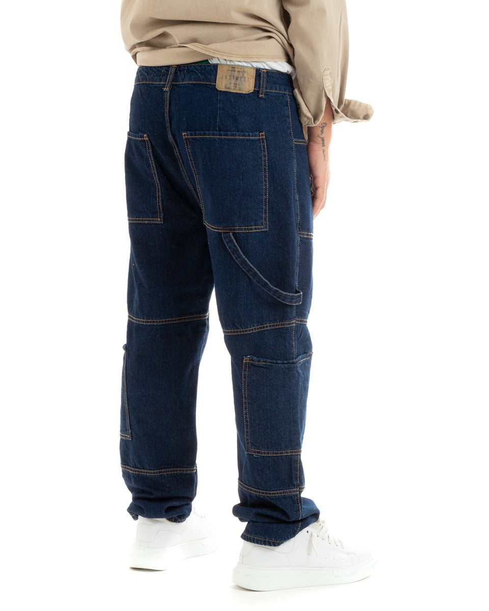 Pantaloni Jeans Uomo Straight Fit Carpenter Denim Scuro con Tasche Laterali GIOSAL-P5925A