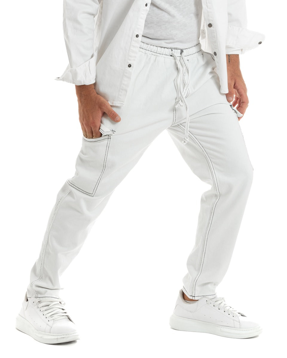 Pantaloni Jeans Uomo Straight Fit Cargo Pantalaccio Bianco GIOSAL-P5926A