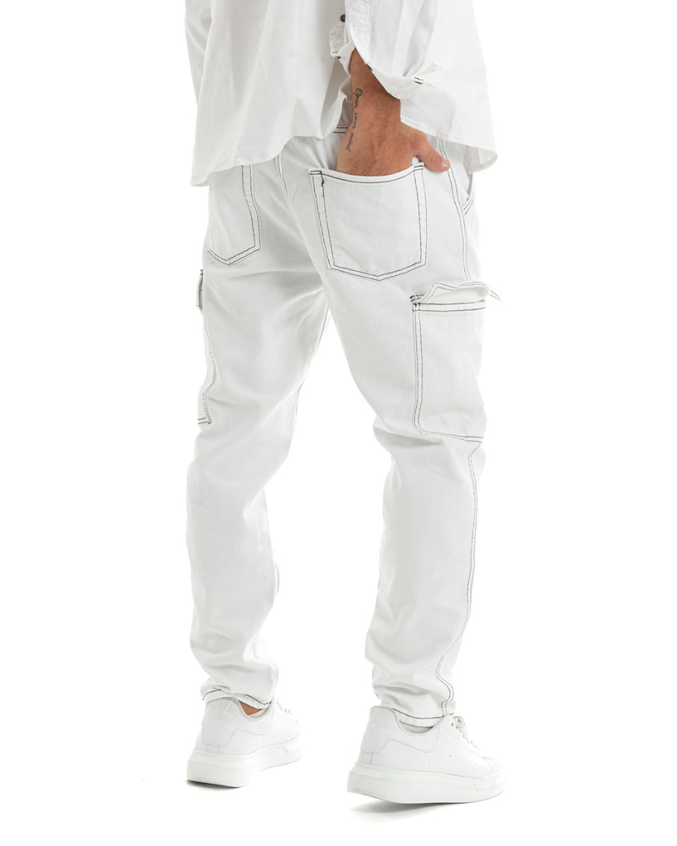 Pantaloni Jeans Uomo Straight Fit Cargo Pantalaccio Bianco GIOSAL-P5926A
