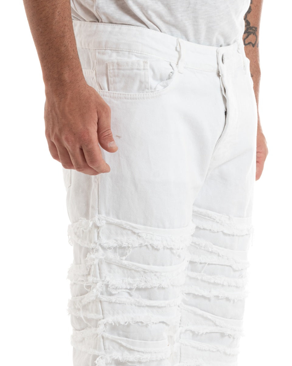 Pantaloni Uomo Jeans Cinque Tasche Straight Fit Ripped Bianco Casual GIOSAL-P5931A