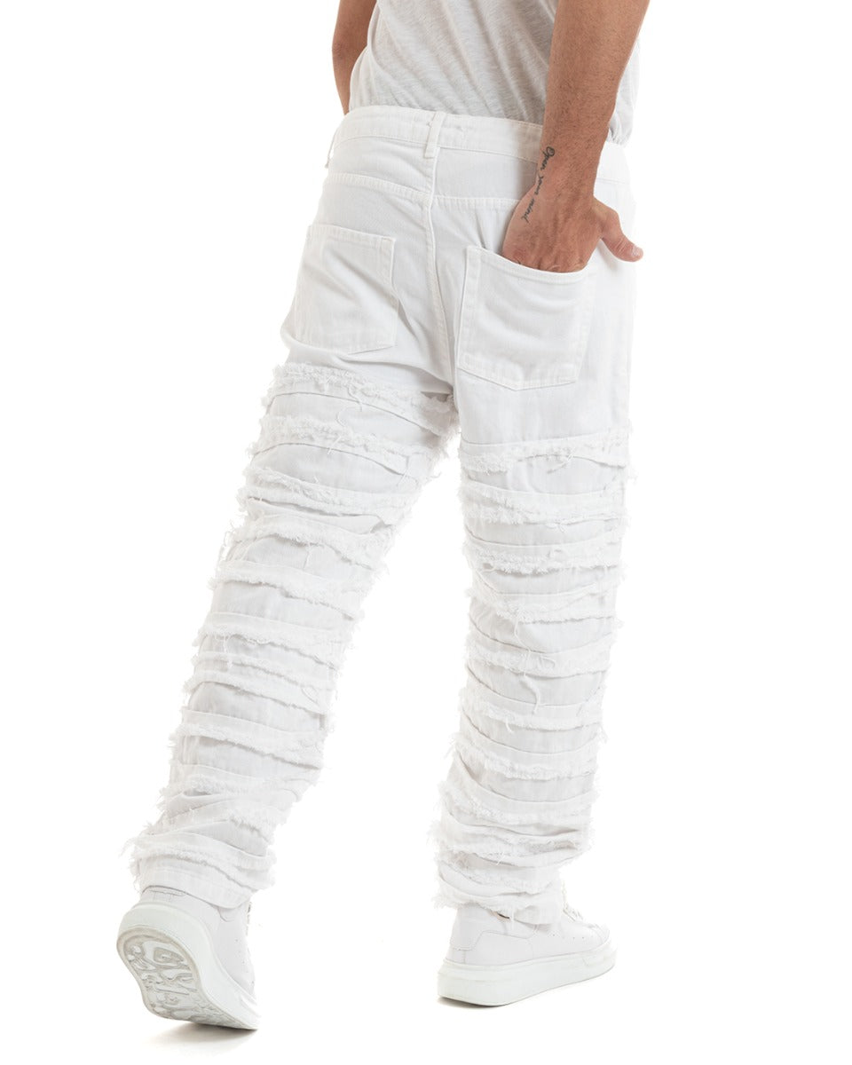 Pantaloni Uomo Jeans Cinque Tasche Straight Fit Ripped Bianco Casual GIOSAL-P5931A