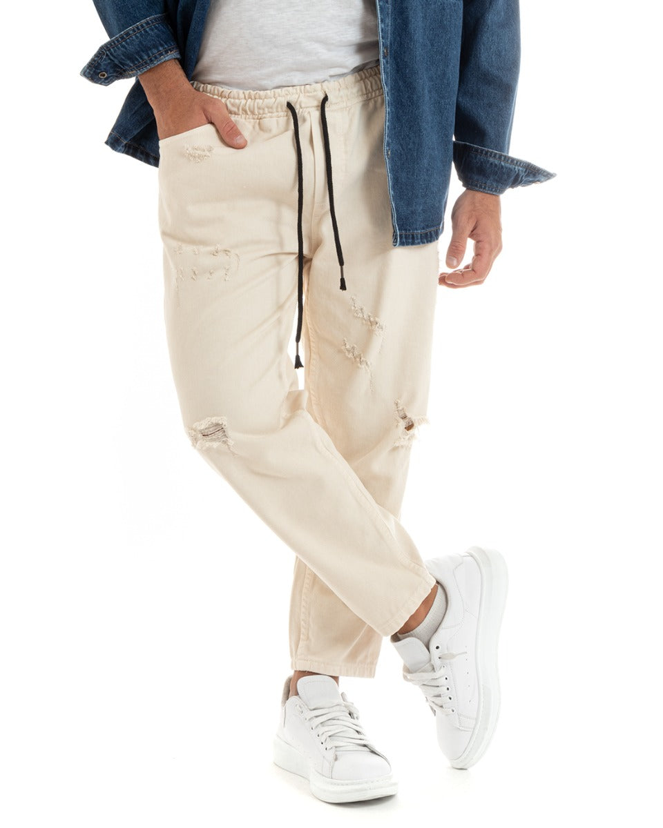 Jeans Jogger Cotone Loose Fit Rotture Panna P5932A