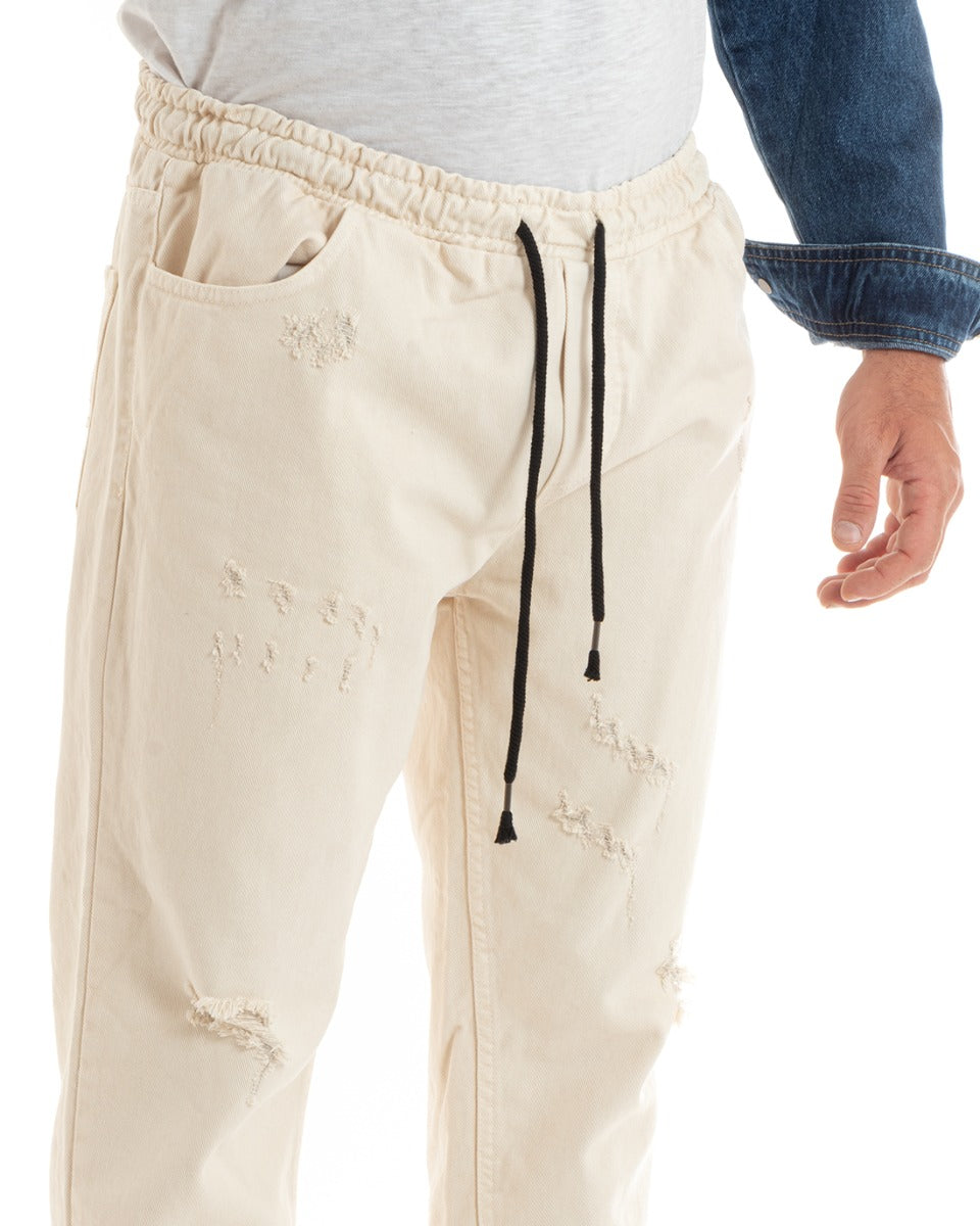 Jeans Jogger Cotone Loose Fit Rotture Panna P5932A