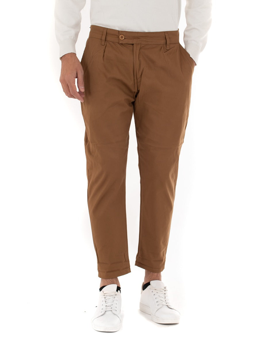 Pantaloni Uomo Abbottonatura Allungata Cotone Capri Tinta Unita Camel Casual GIOSAL-P5937A