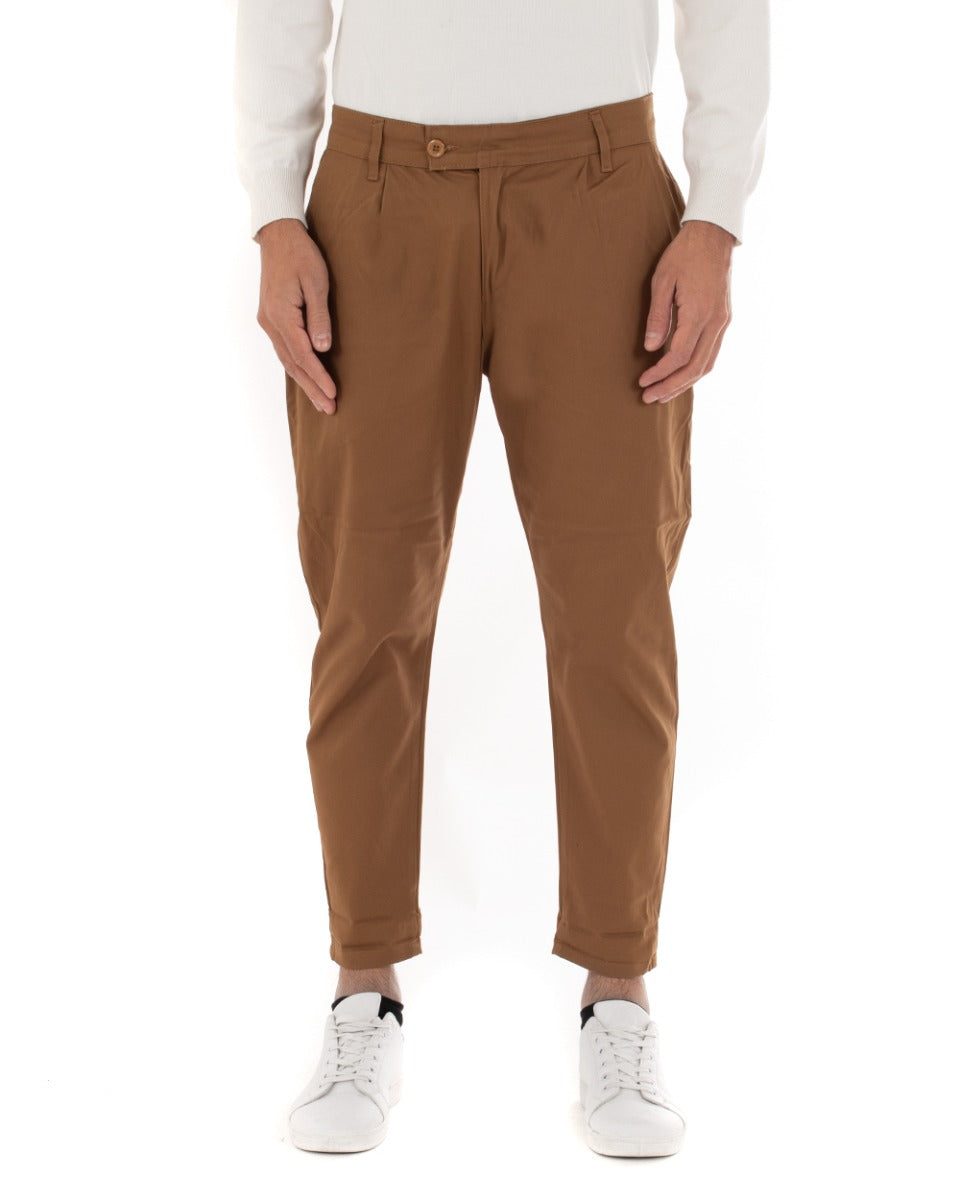 Pantaloni Uomo Abbottonatura Allungata Cotone Capri Tinta Unita Camel Casual GIOSAL-P5937A