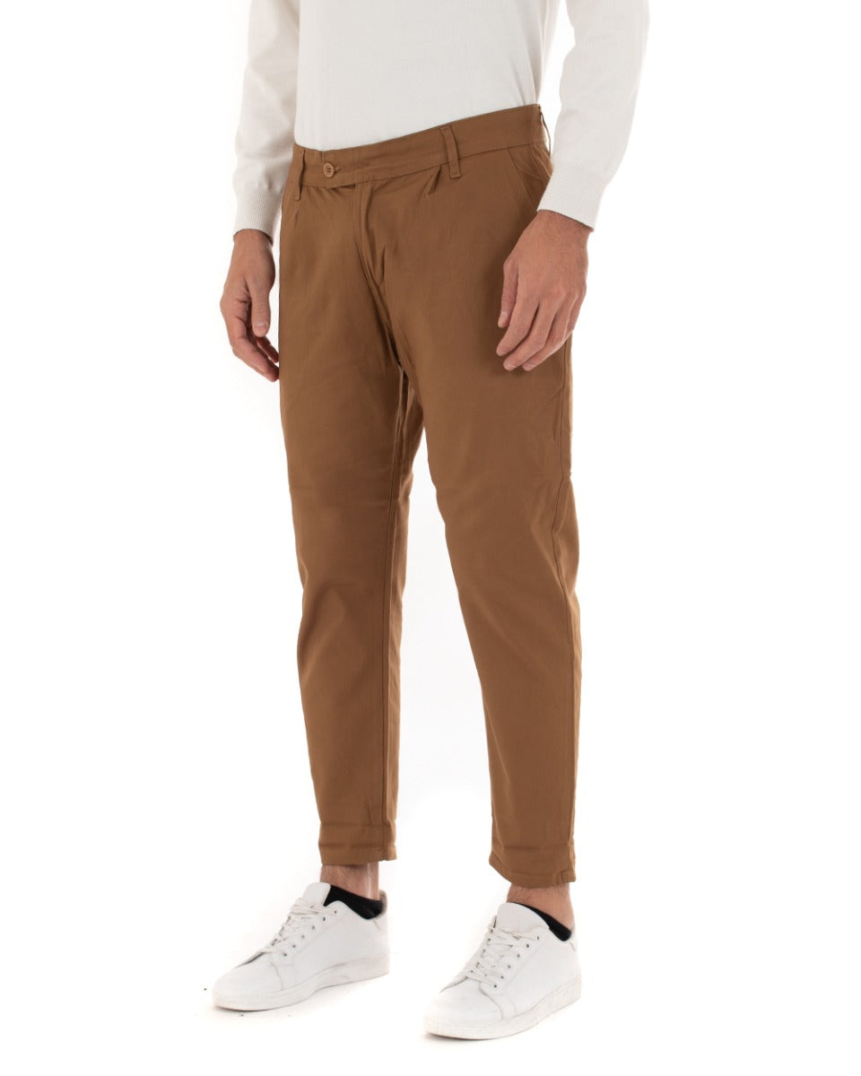 Pantaloni Uomo Abbottonatura Allungata Cotone Capri Tinta Unita Camel Casual GIOSAL-P5937A