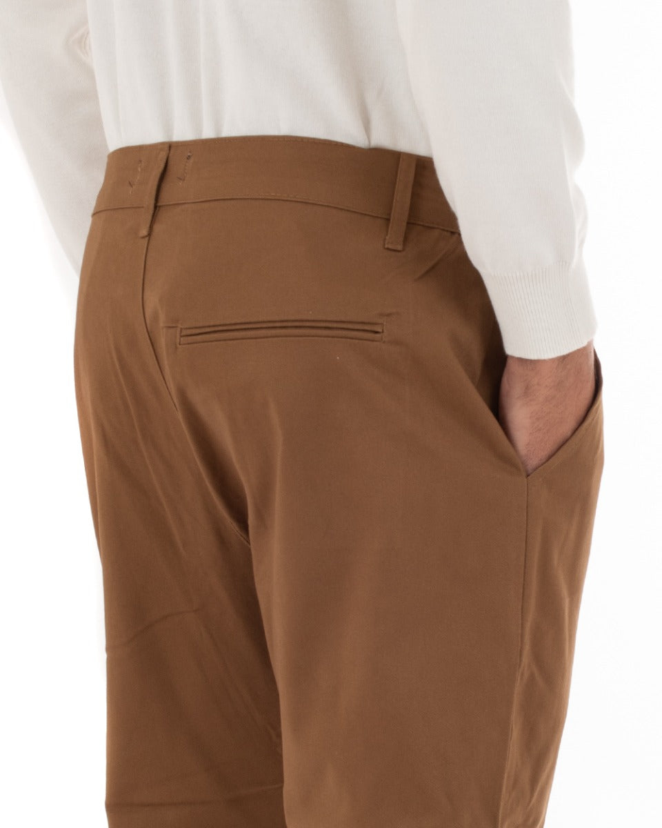 Pantaloni Uomo Abbottonatura Allungata Cotone Capri Tinta Unita Camel Casual GIOSAL-P5937A