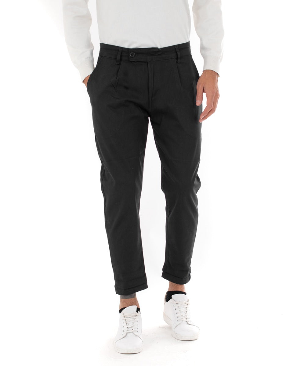 Pantaloni Uomo Abbottonatura Allungata Cotone Capri Tinta Unita Nero Casual GIOSAL-P5940A