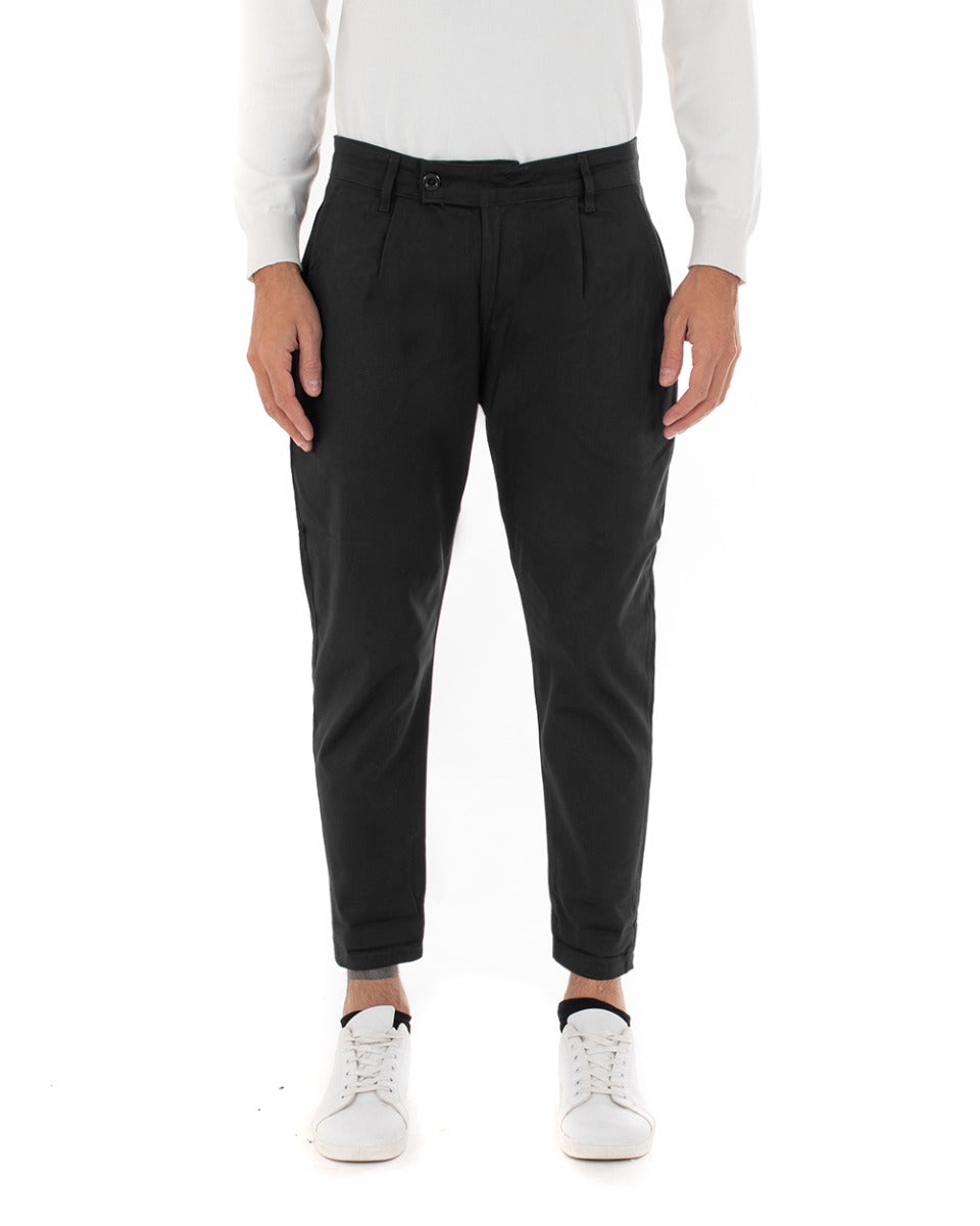 Pantaloni Uomo Abbottonatura Allungata Cotone Capri Tinta Unita Nero Casual GIOSAL-P5940A