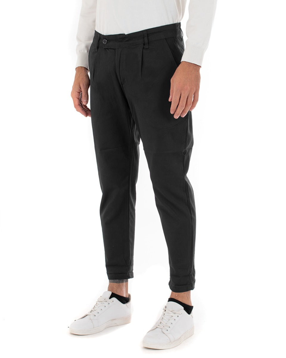 Pantaloni Uomo Abbottonatura Allungata Cotone Capri Tinta Unita Nero Casual GIOSAL-P5940A