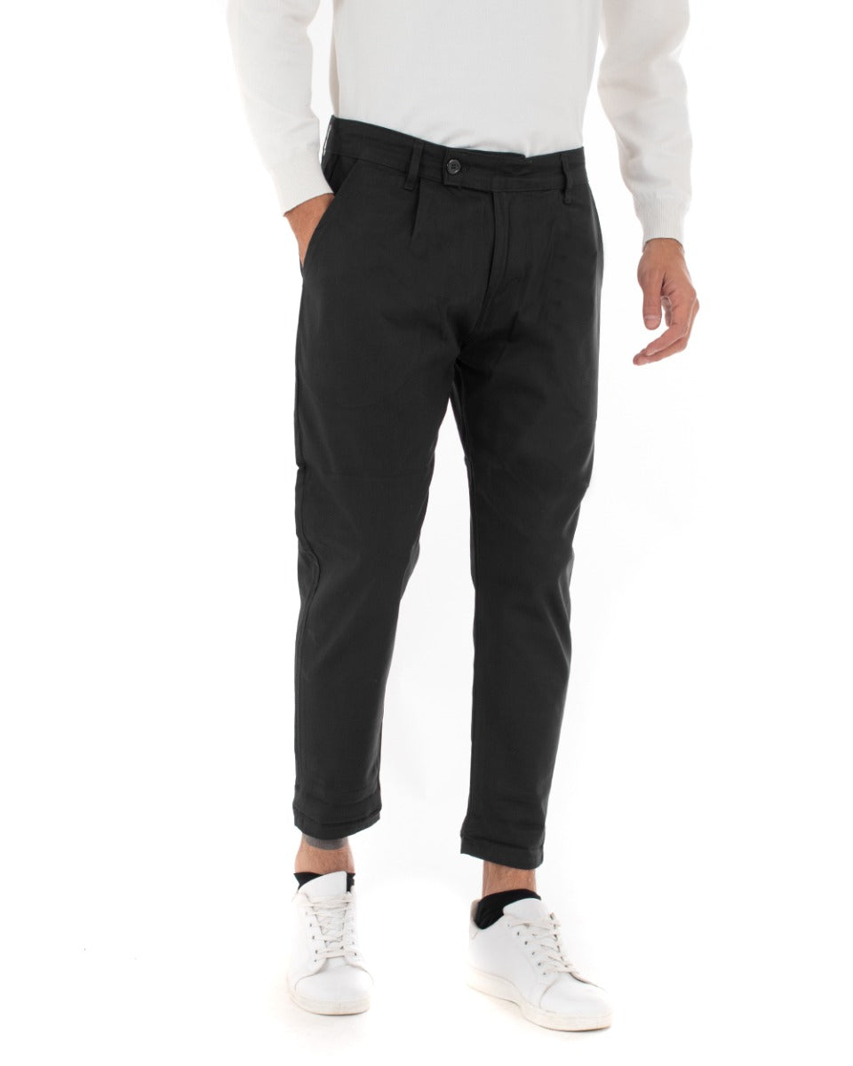 Pantaloni Uomo Abbottonatura Allungata Cotone Capri Tinta Unita Nero Casual GIOSAL-P5940A