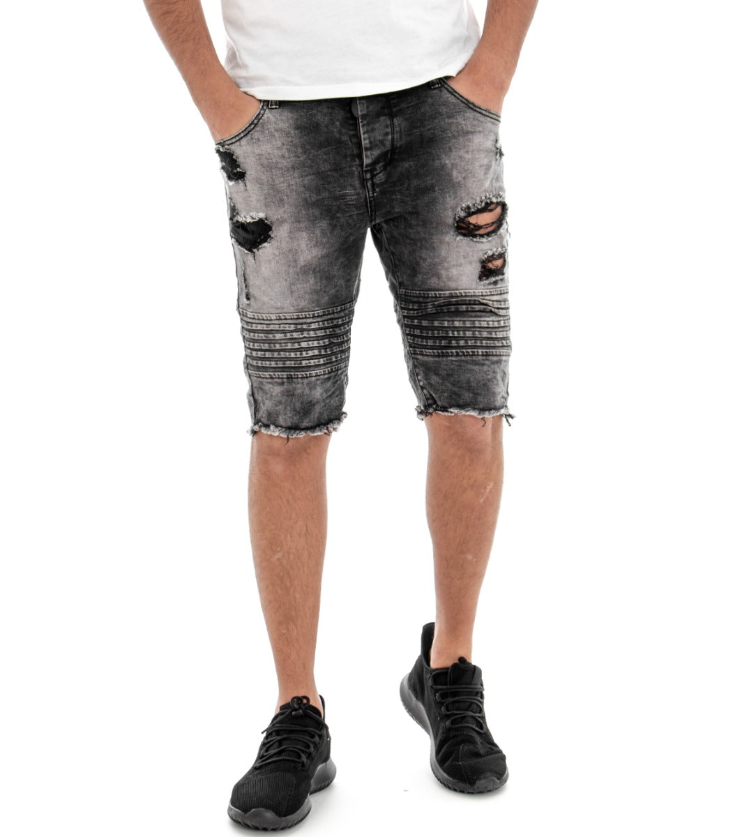 Bermuda Pantaloncino Uomo Corto Jeans Grigio Cinque Tasche Rotture Biker GIOSAL-PC1289A