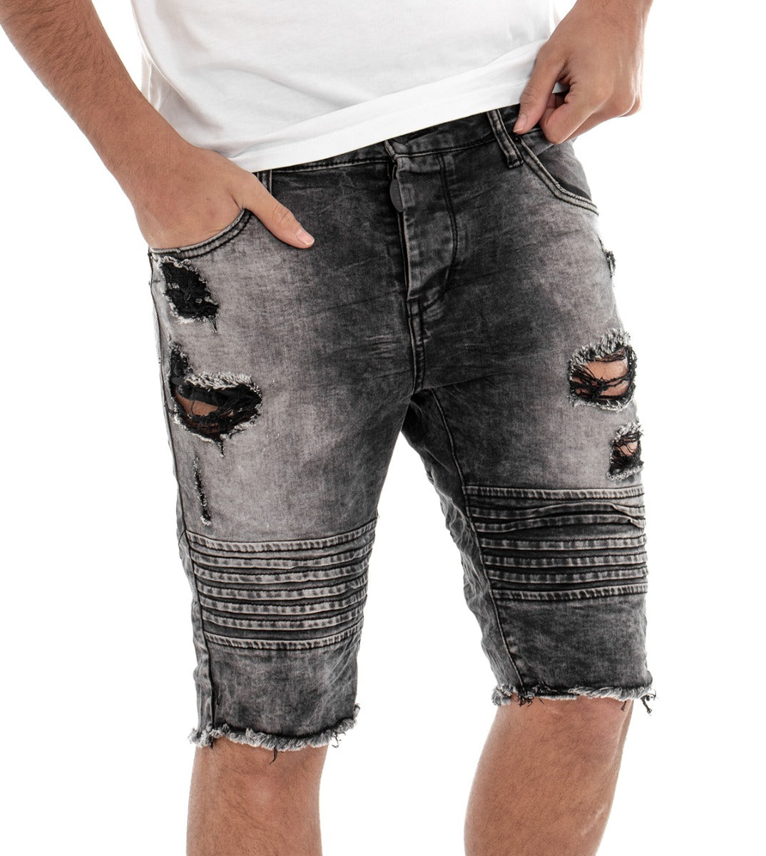 Bermuda Pantaloncino Uomo Corto Jeans Grigio Cinque Tasche Rotture Biker GIOSAL-PC1289A