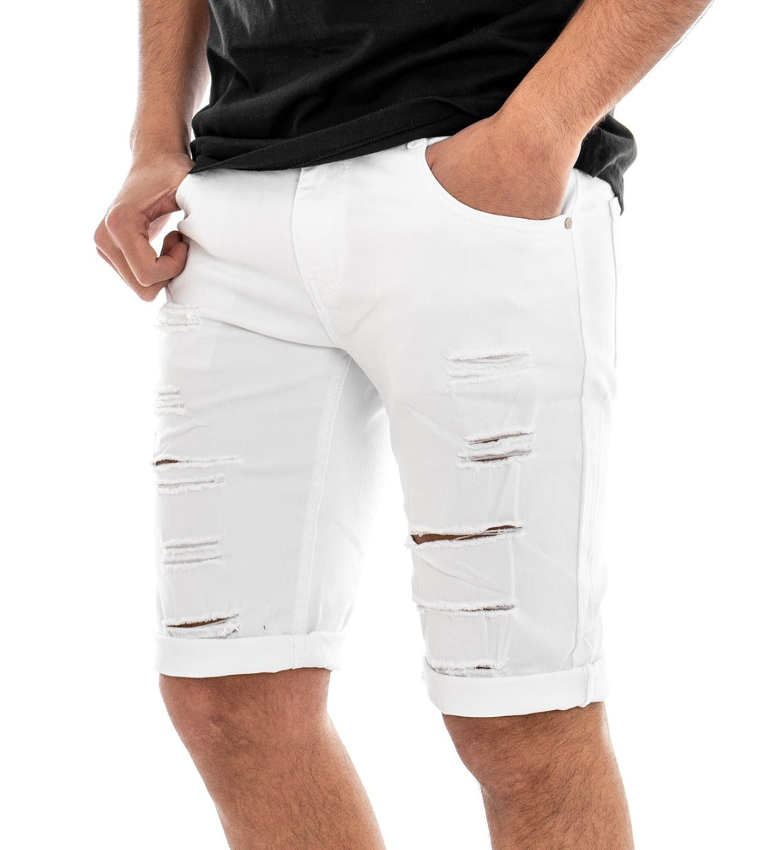 Bermuda Pantaloncino Uomo Cinque Tasche Bianco Slim Rotture GIOSAL-PC1304A