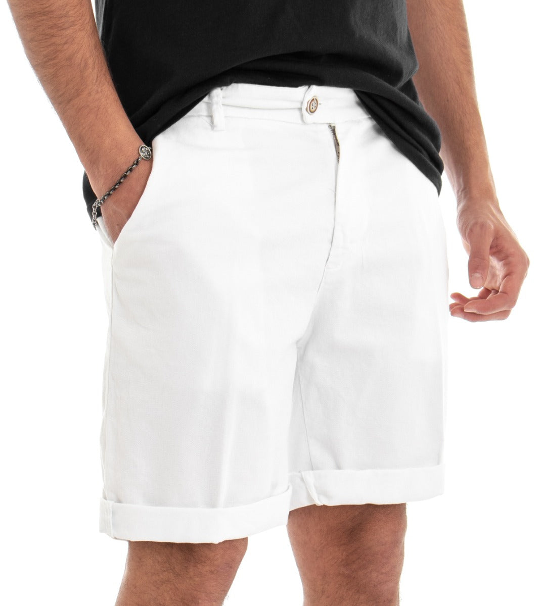 Bermuda Pantaloncino Uomo Corto Cotone Bianco Tasca America GIOSAL-PC1379A