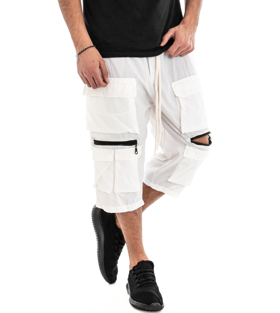 Bermuda Pantaloncino Corto Uomo Cargo Bianco Tessuto Lucido GIOSAL-PC1386A