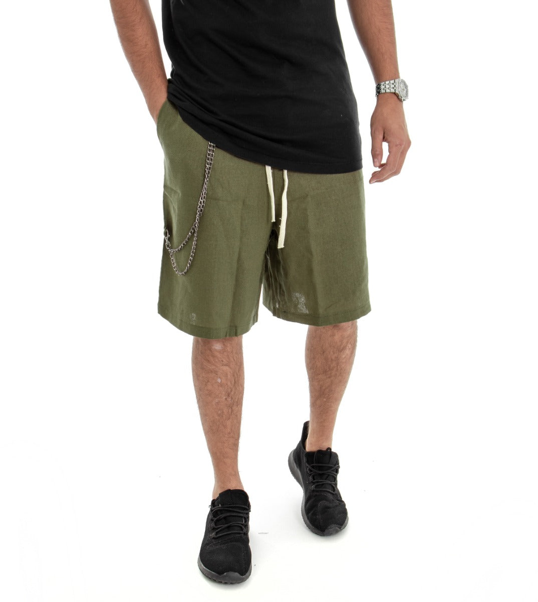 Bermuda Pantaloncino Uomo Corto Lino Tinta Unita Verde Elastico in Vita GIOSAL-PC1461A