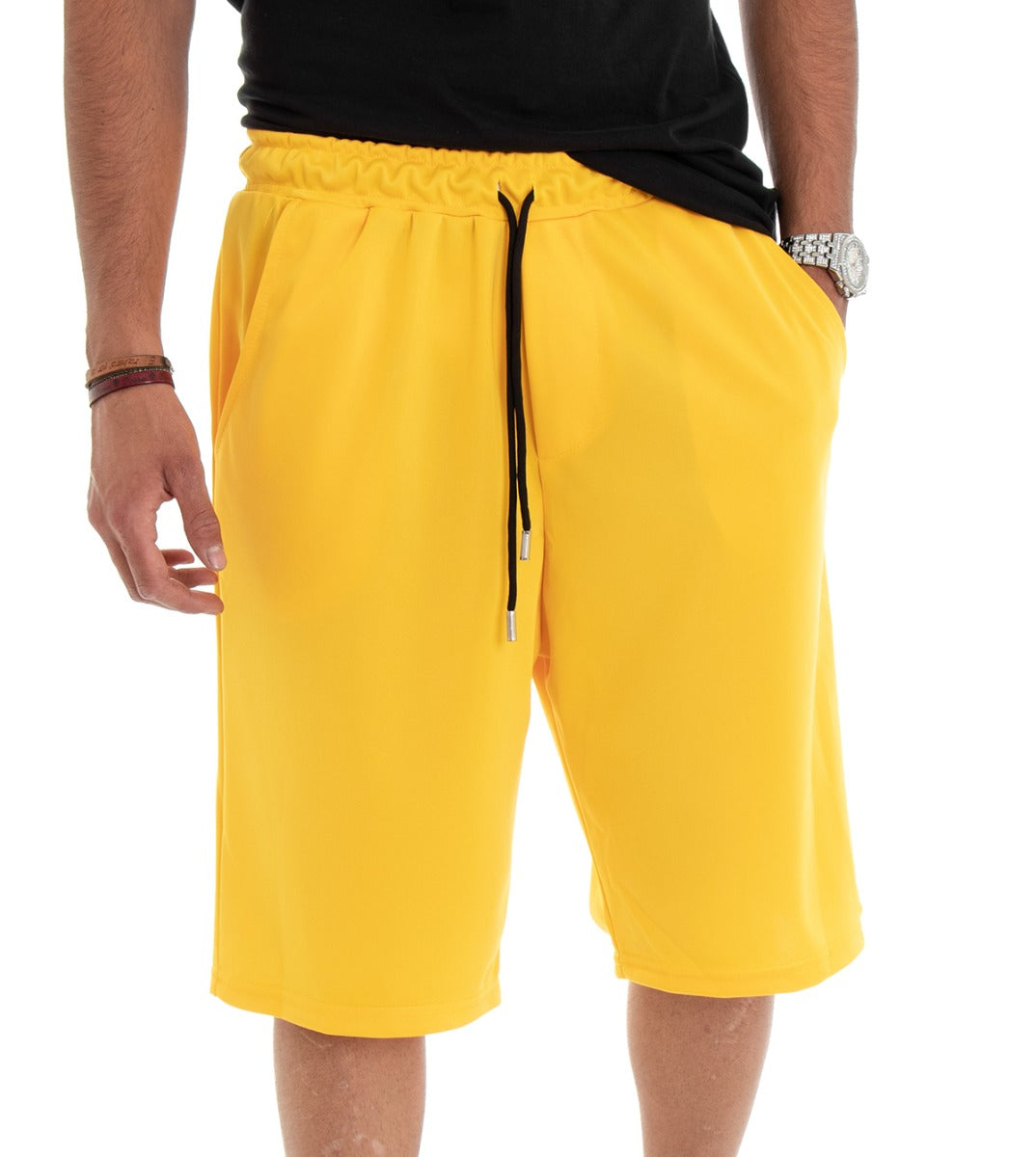 Bermuda Pantaloncino Uomo Corto Tuta Over Tinta Unita Giallo GIOSAL-PC1471A