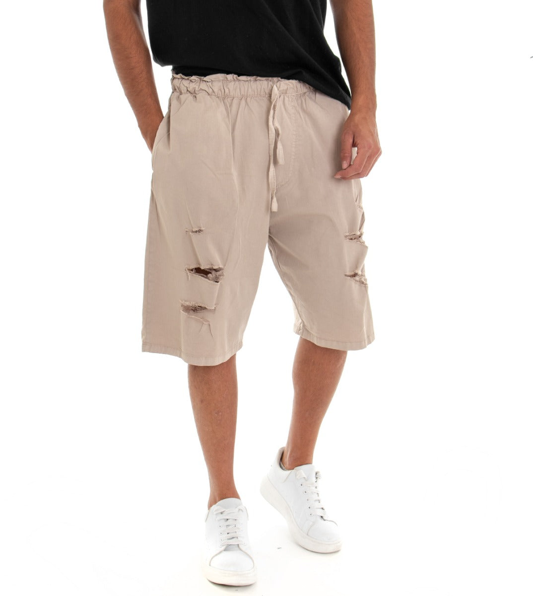 Bermuda Pantaloncino Uomo Shorts Over Tinta Unita Beige Rotture GIOSAL-PC1528A