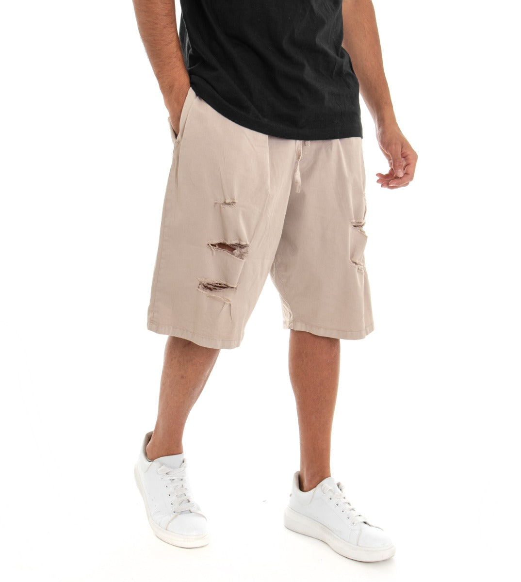 Bermuda Pantaloncino Uomo Shorts Over Tinta Unita Beige Rotture GIOSAL-PC1528A
