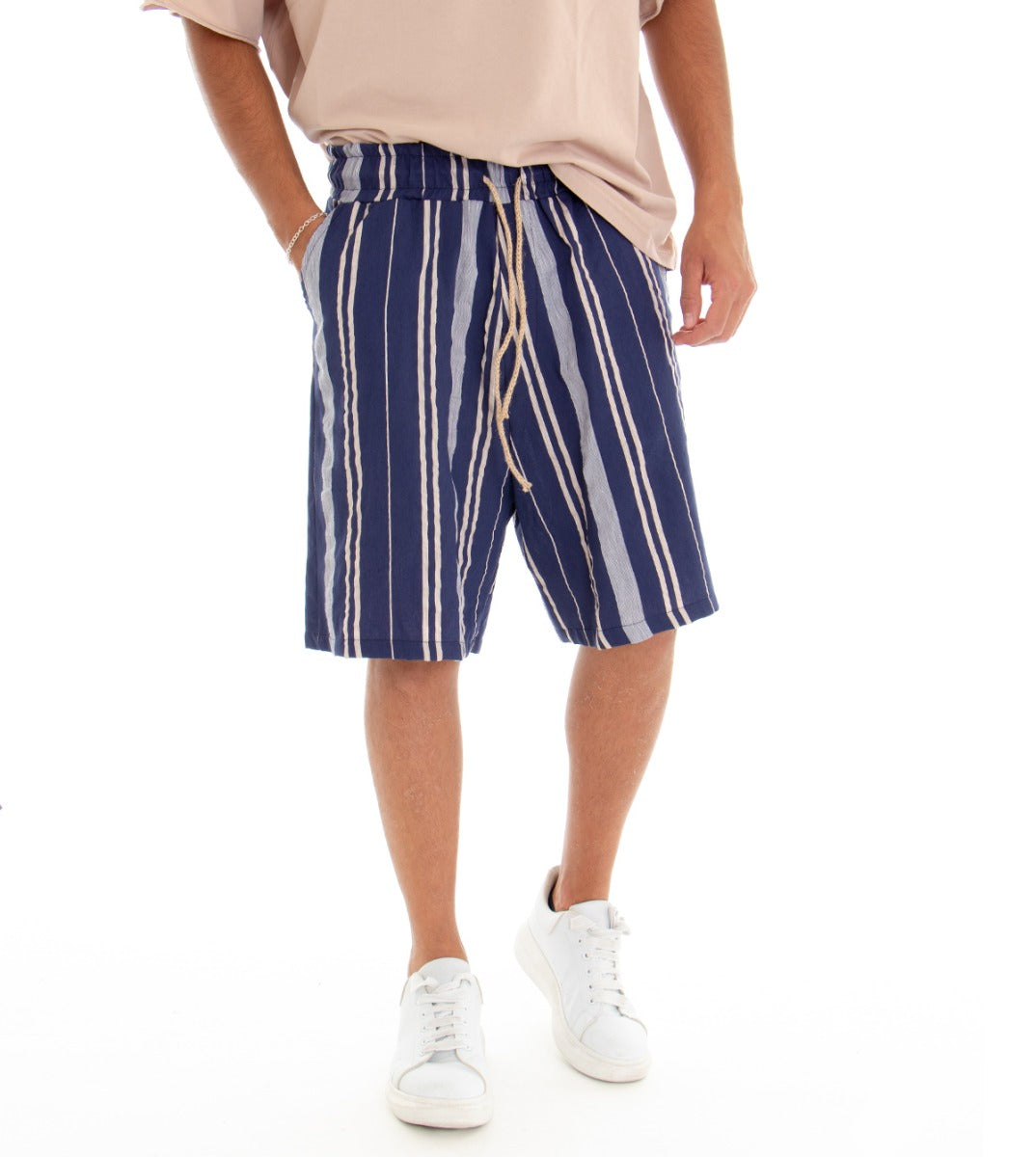 Bermuda Pantaloncino Uomo Shorts Rigato Blu Elastico GIOSAL-PC1544A