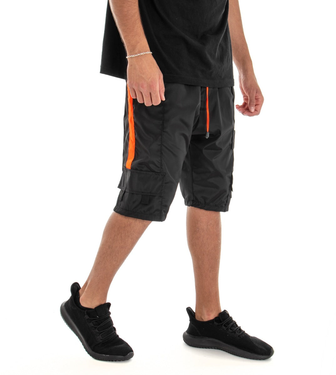 Bermuda Pantaloncino Tuta Shorts Tinta Unita Nero Riga Fluo GIOSAL-PC1546A