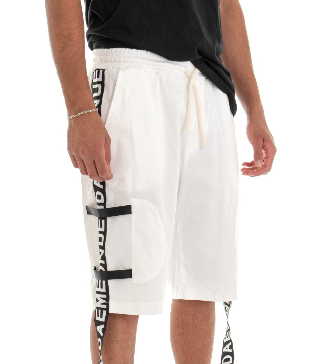 Bermuda Pantaloncino Uomo Shorts Tuta Bianco Fasce Laterali GIOSAL-PC1552A