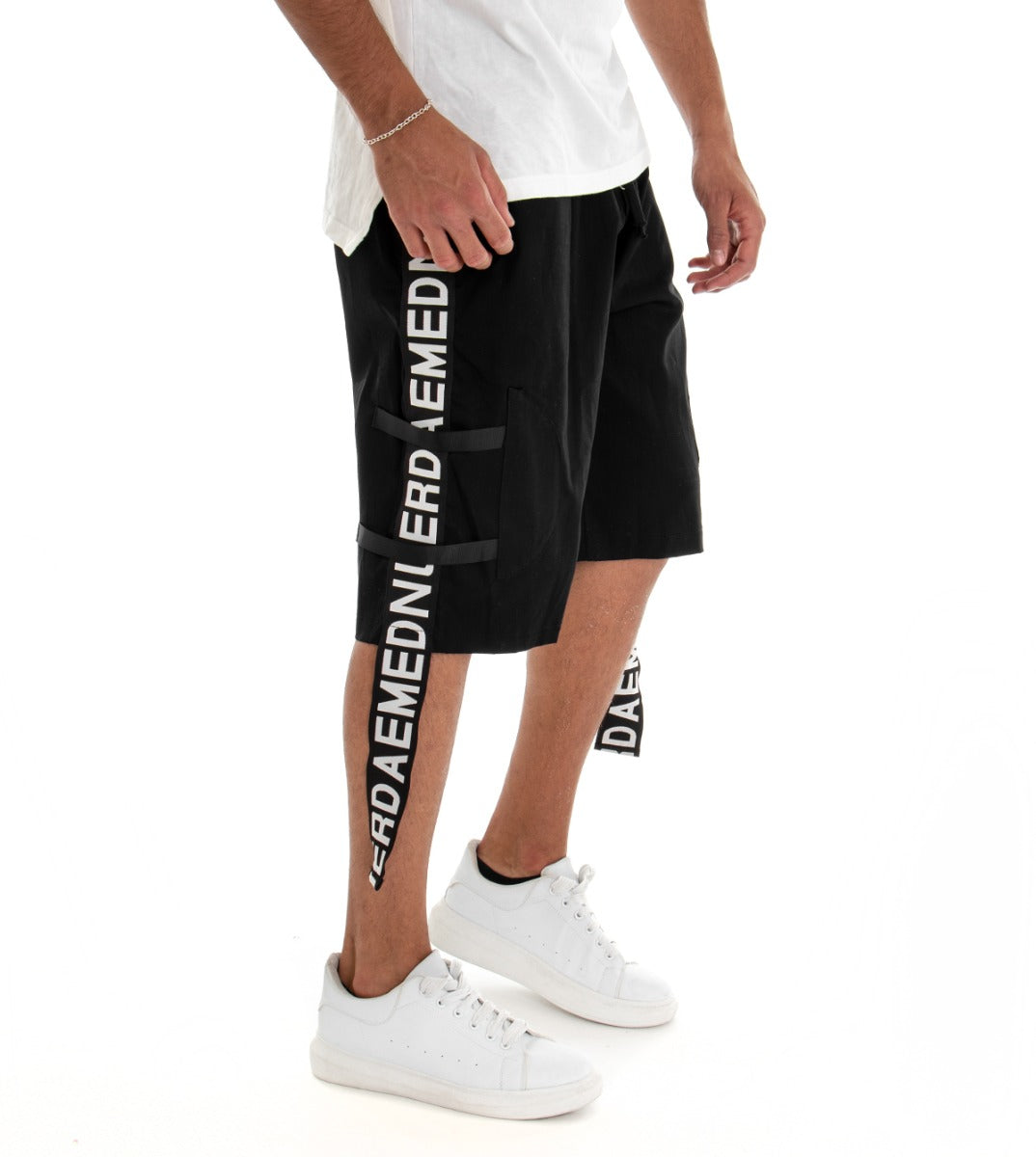 Bermuda Pantaloncino Uomo Shorts Tuta Nero Fasce Laterali GIOSAL-PC1553A