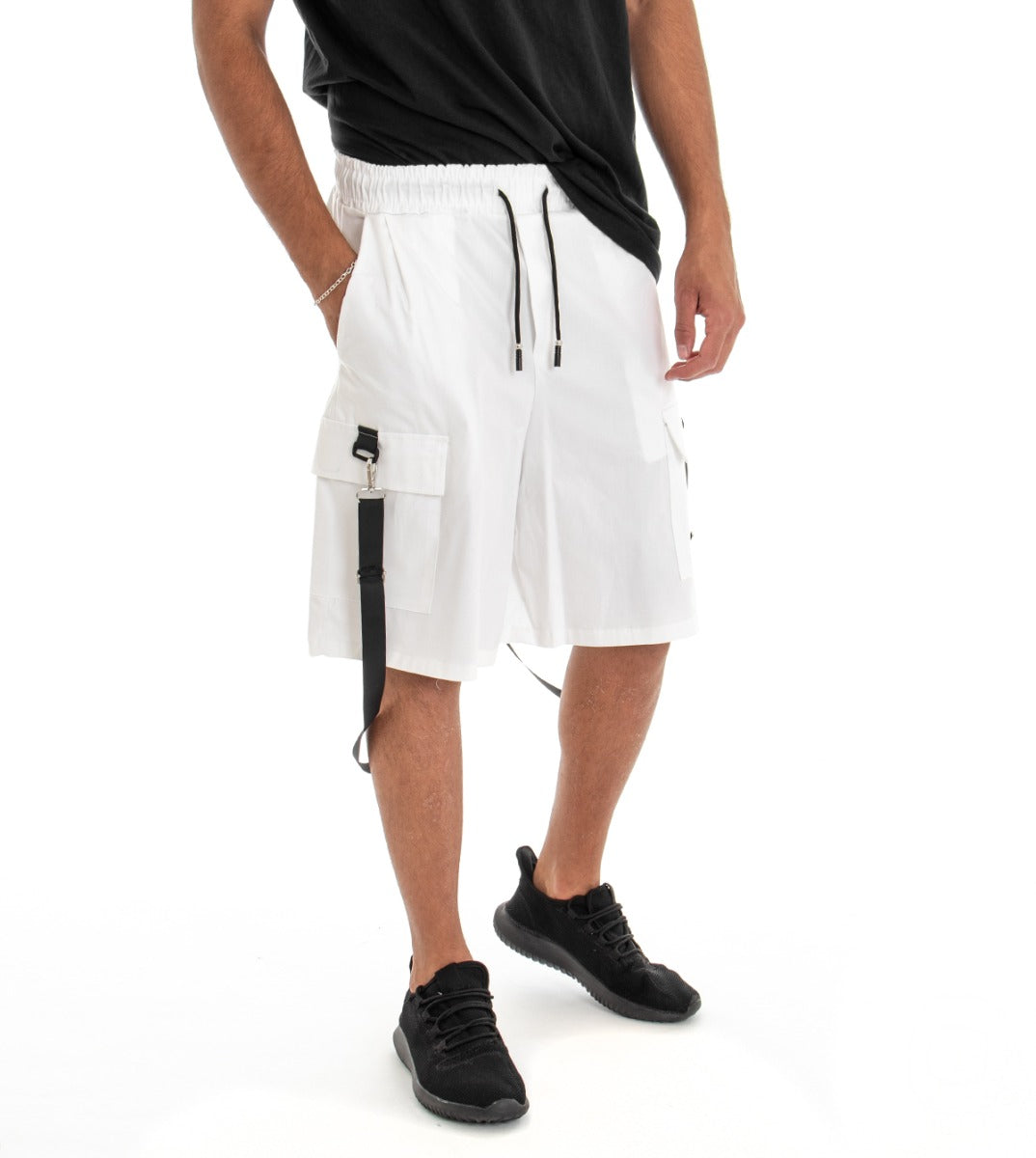 Bermuda Pantaloncino Uomo Shorts Tuta Bianco Cargo Elastico GIOSAL-PC1