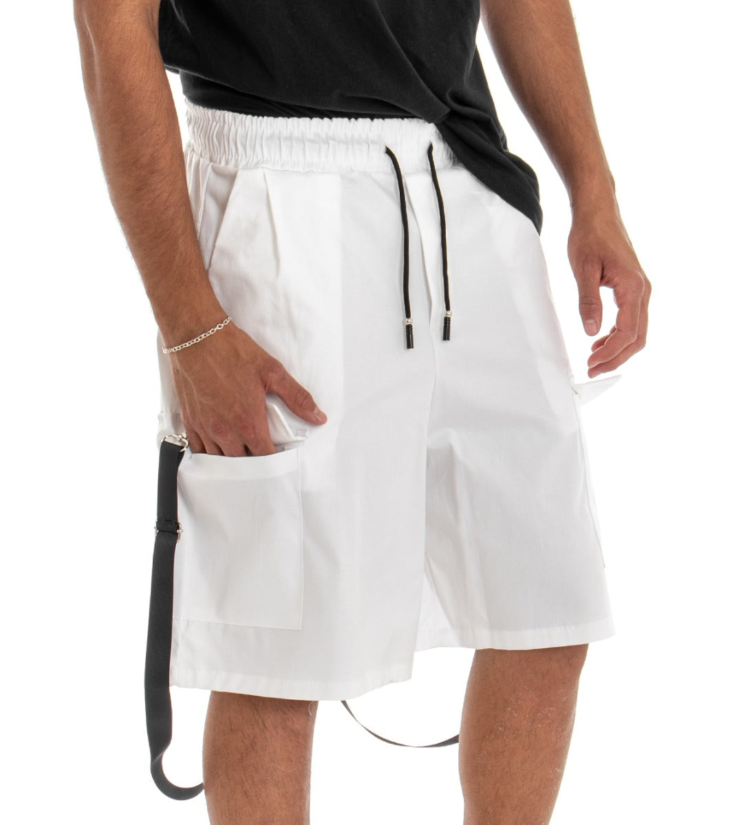 Bermuda Pantaloncino Uomo Shorts Tuta Bianco Cargo Elastico GIOSAL-PC1558A