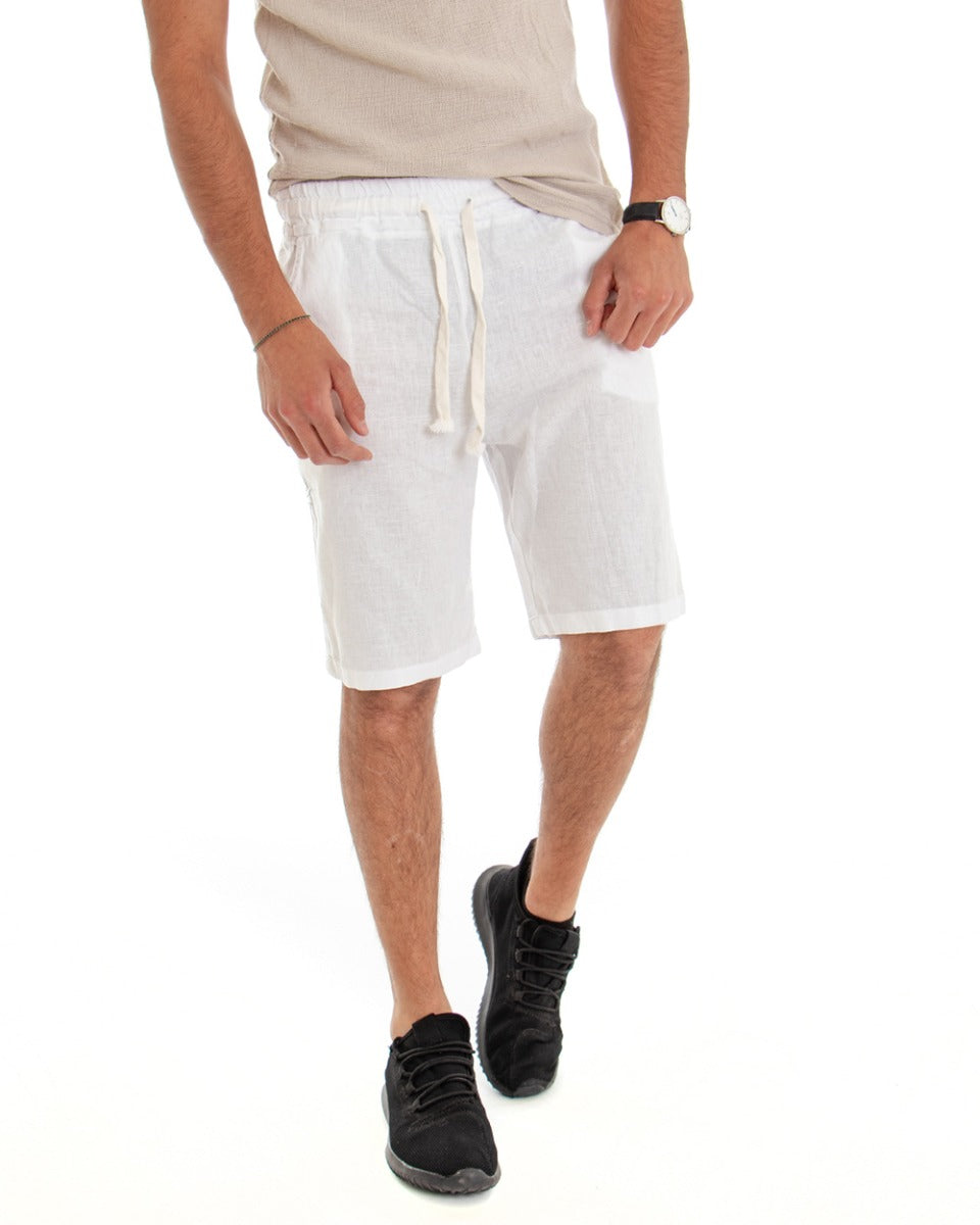 Bermuda Pantaloncino Uomo Lino Tinta Unita Bianco Pantalaccio GIOSAL-PC1640A