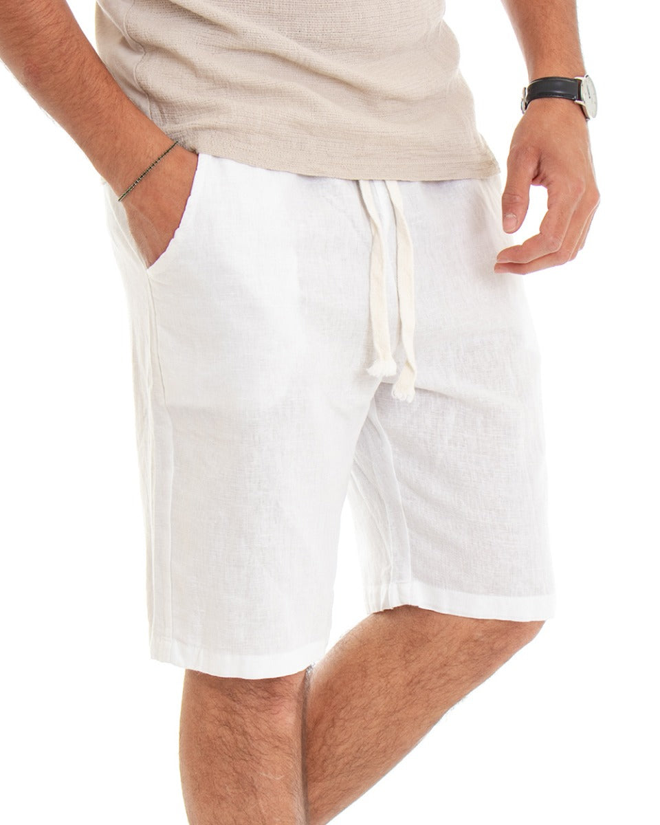 Bermuda Pantaloncino Uomo Lino Tinta Unita Bianco Pantalaccio GIOSAL-PC1640A