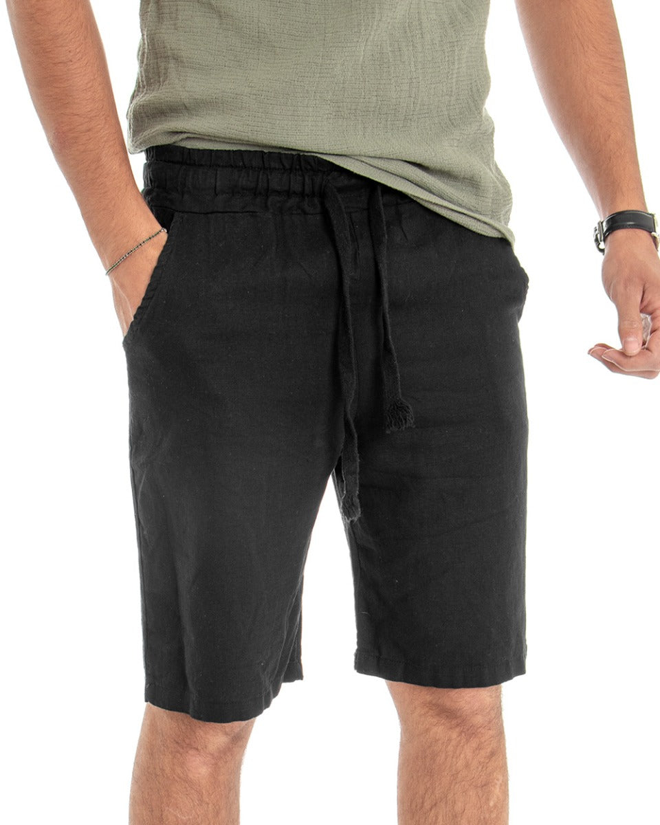 Bermuda Pantaloncino Uomo Lino Tinta Unita Nero Pantalaccio GIOSAL-PC1644A