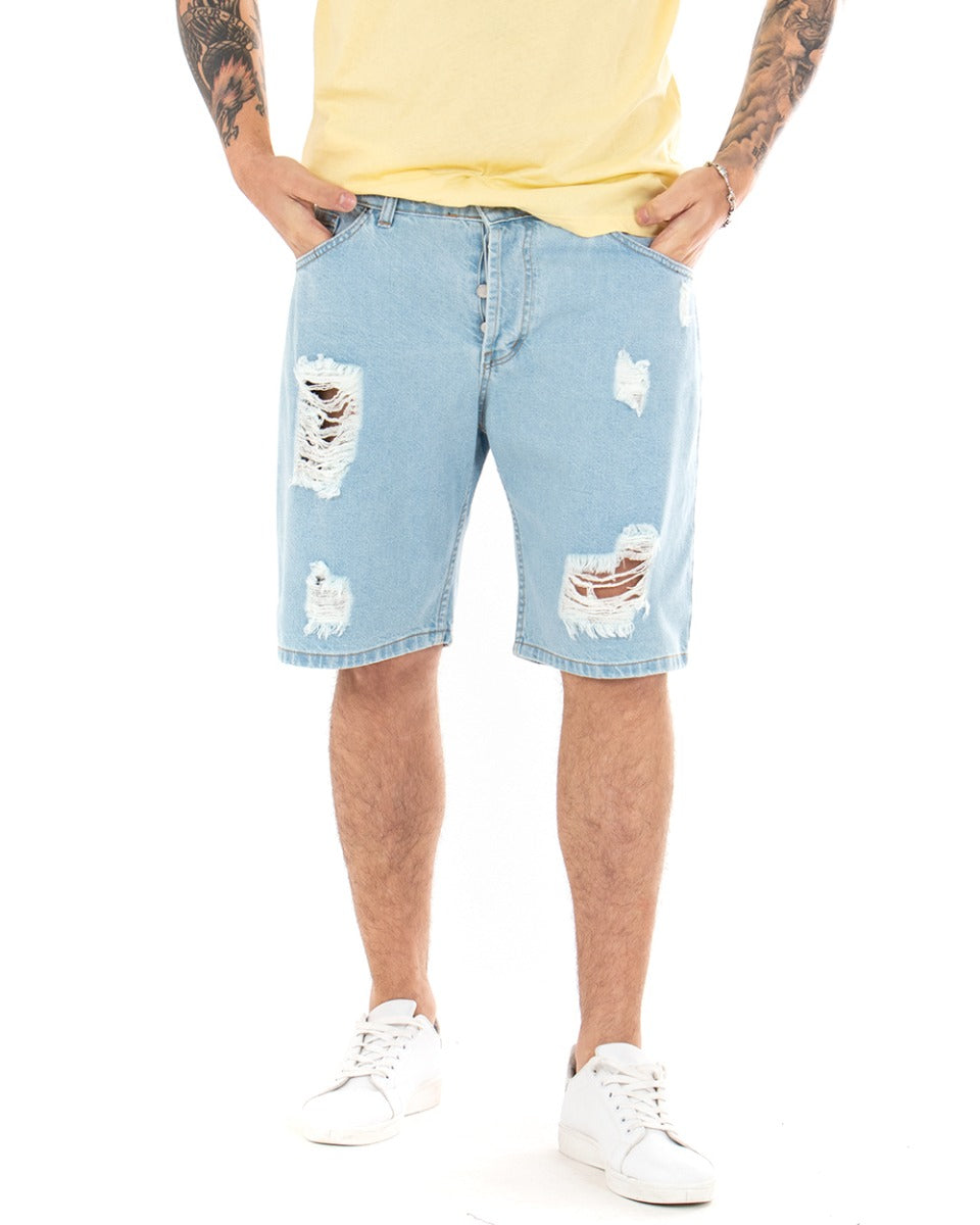 Bermuda Pantaloncini Uomo Corti Casual Jeans Cinque Tasche Con Rotture Regular Fit Denim Chiaro GIOSAL-PC1691A