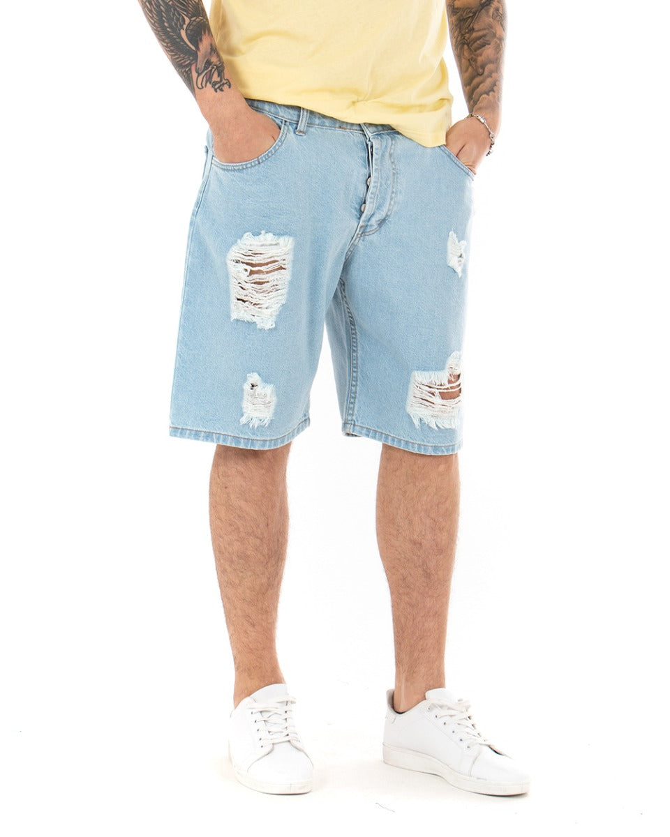 Bermuda Pantaloncini Uomo Corti Casual Jeans Cinque Tasche Con Rotture Regular Fit Denim Chiaro GIOSAL-PC1691A