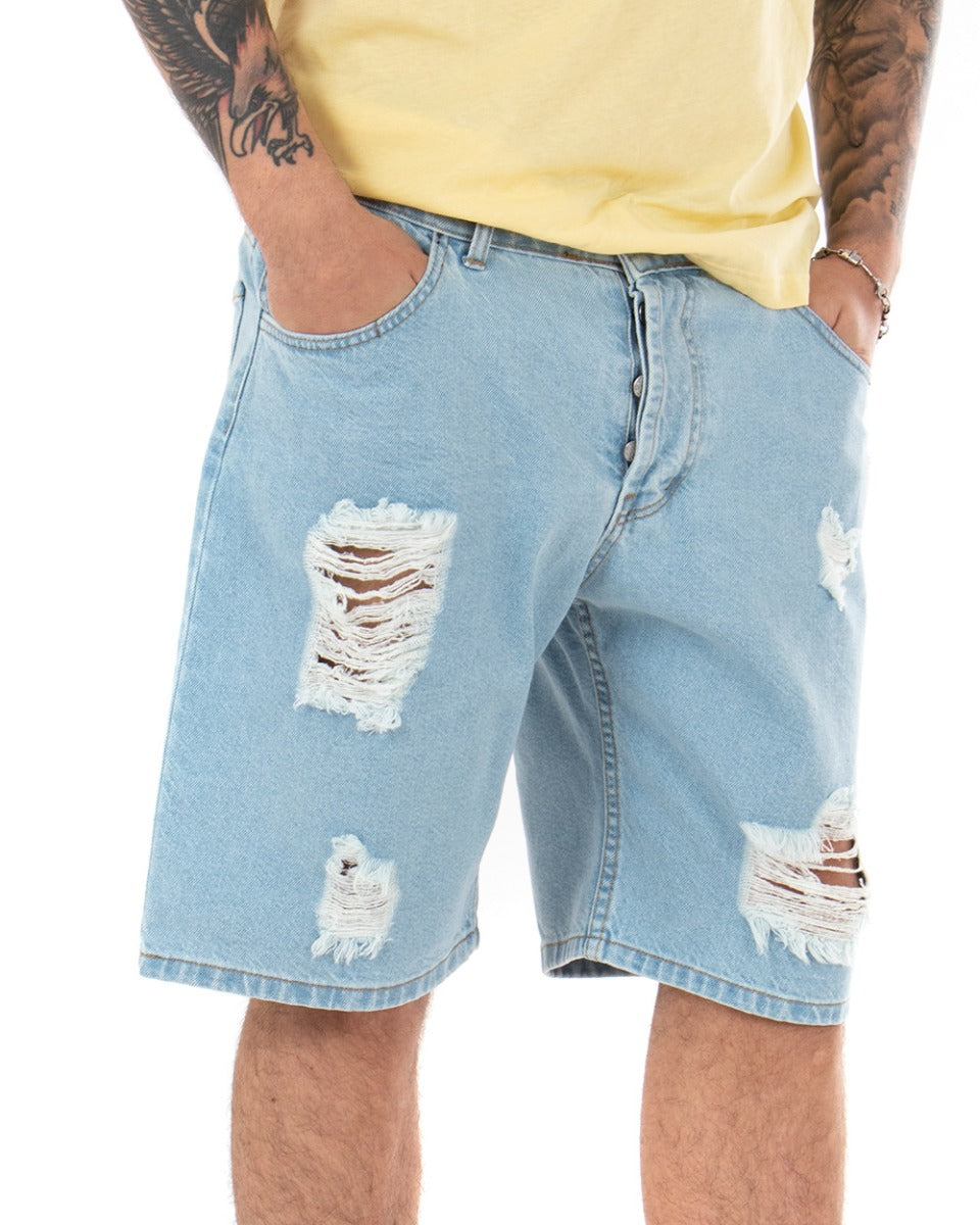 Bermuda Pantaloncino Uomo Jeans Rotture Denim Chiaro Cinque Tasche GIOSAL-PC1691A