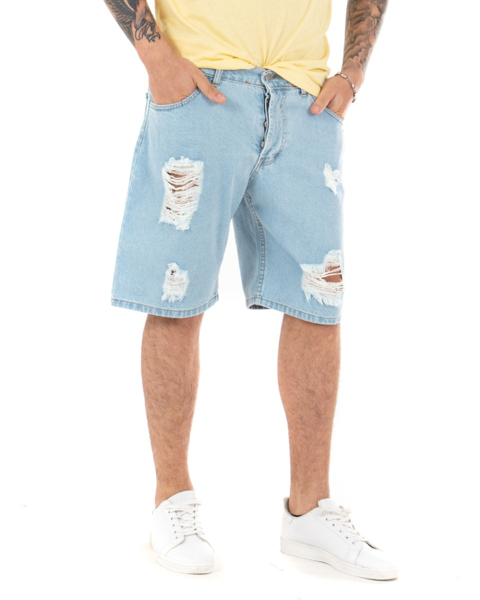 Bermuda Pantaloncini Uomo Corti Casual Jeans Cinque Tasche Con Rotture Regular Fit Denim Chiaro GIOSAL-PC1691A