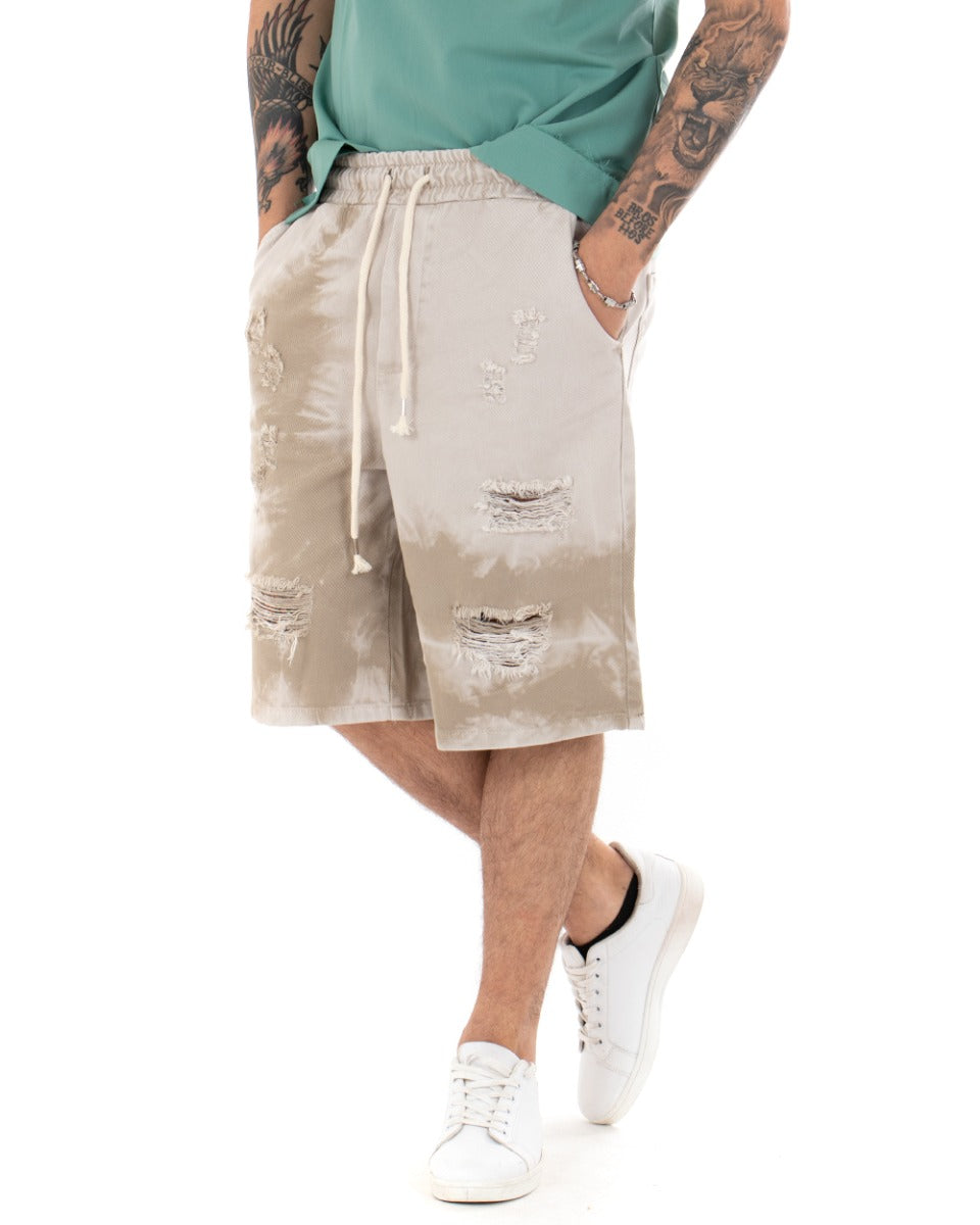 Bermuda Pantaloncini Uomo Corti Sfumati Tie Dye Con Rotture Cavallo Basso Pantalaccio Wide Leg Beige GIOSAL-PC1695A