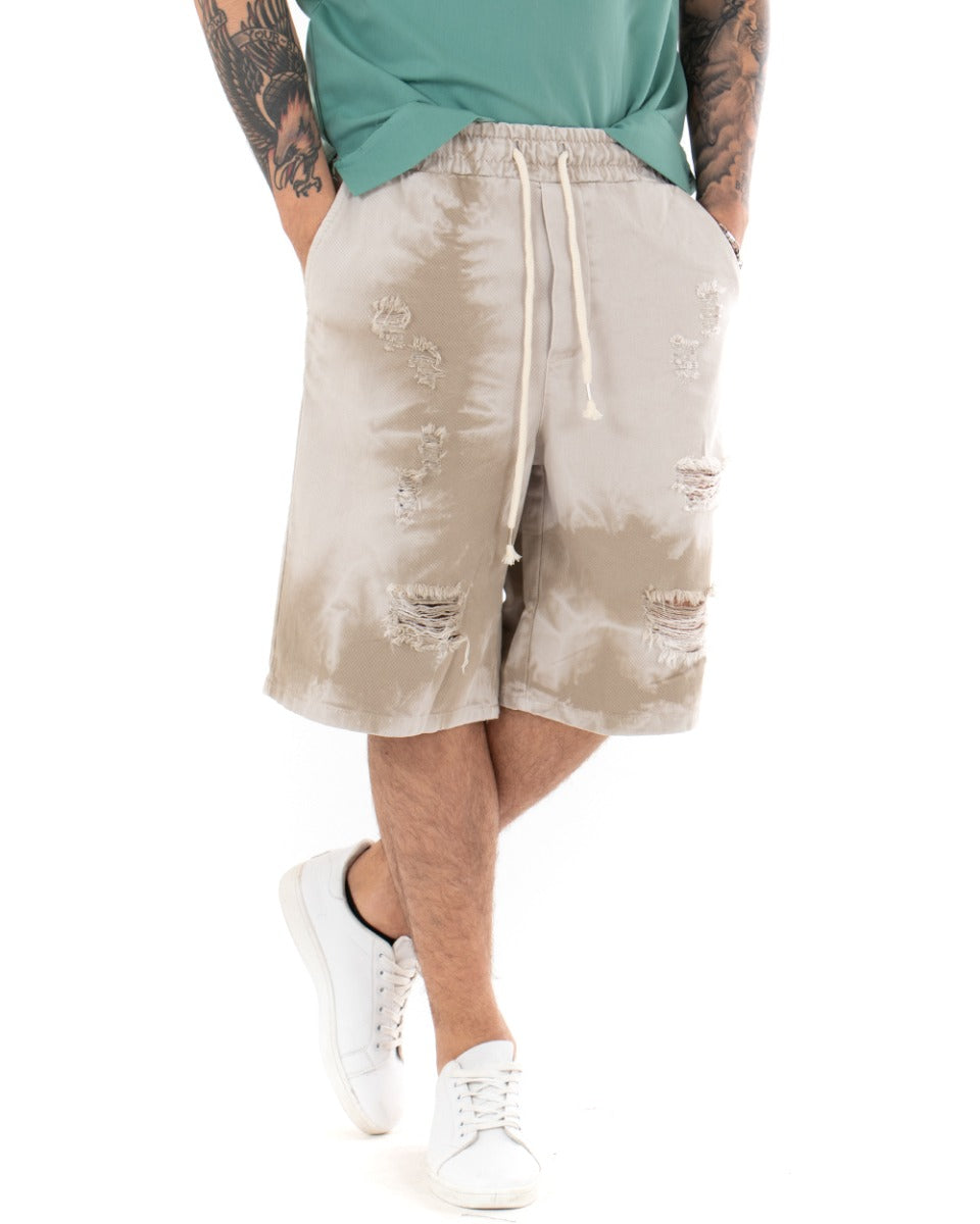 Bermuda Pantaloncini Uomo Corti Sfumati Tie Dye Con Rotture Cavallo Basso Pantalaccio Wide Leg Beige GIOSAL-PC1695A