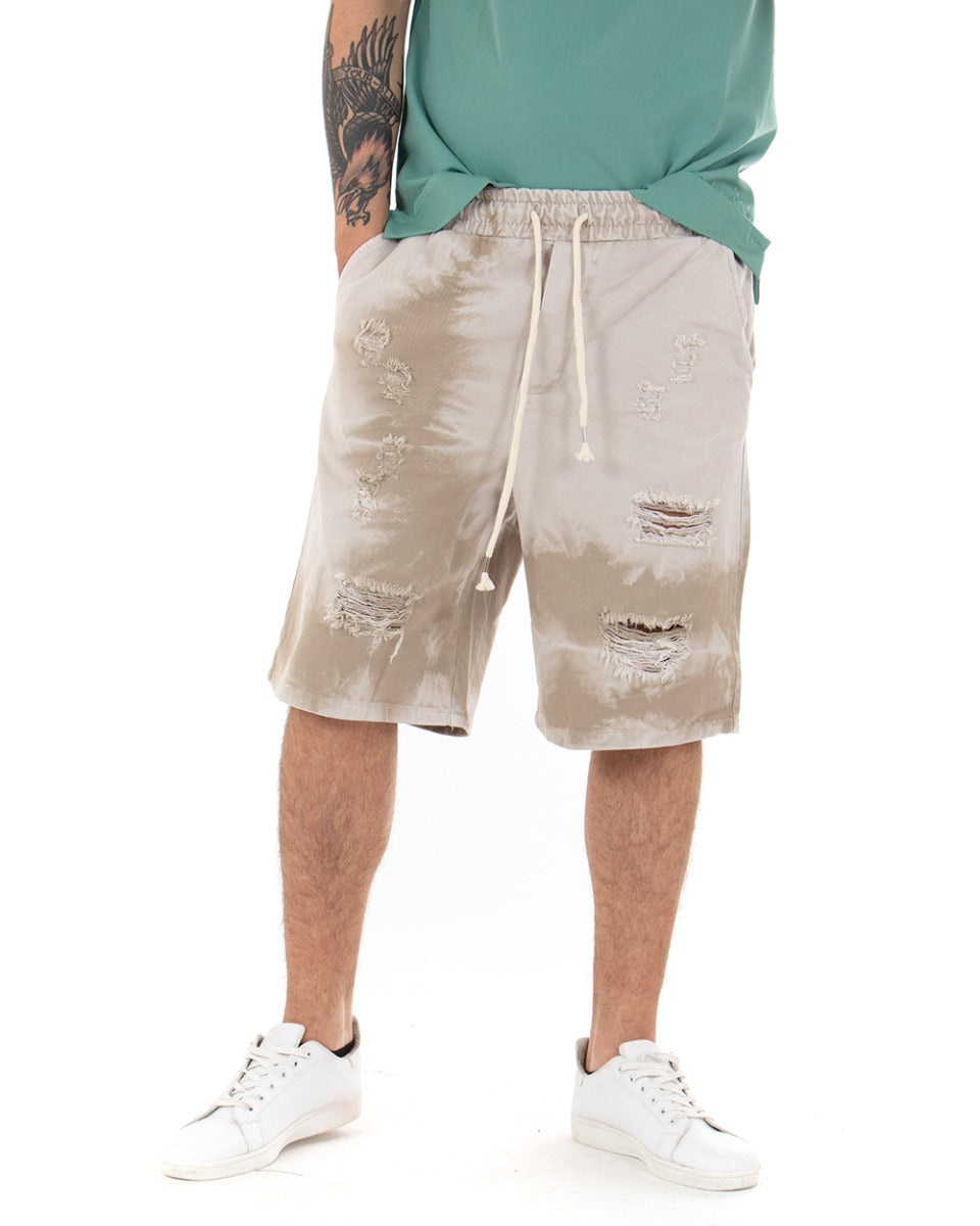 Bermuda Pantaloncini Uomo Corti Sfumati Tie Dye Con Rotture Cavallo Basso Pantalaccio Wide Leg Beige GIOSAL-PC1695A