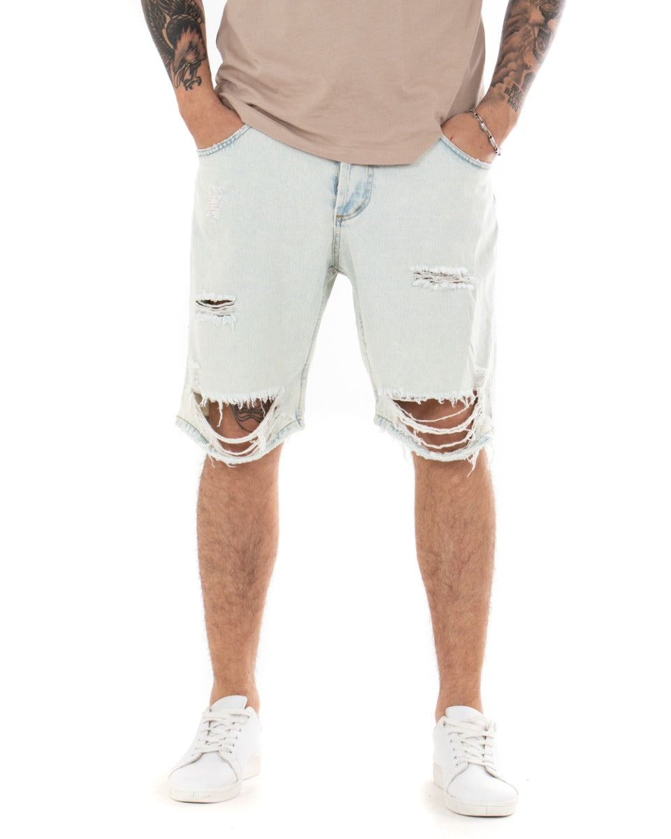 Bermuda Pantaloncino Uomo Denim Chiaro Sabbiato Rotture Cinque Tasche GIOSAL-PC1697A