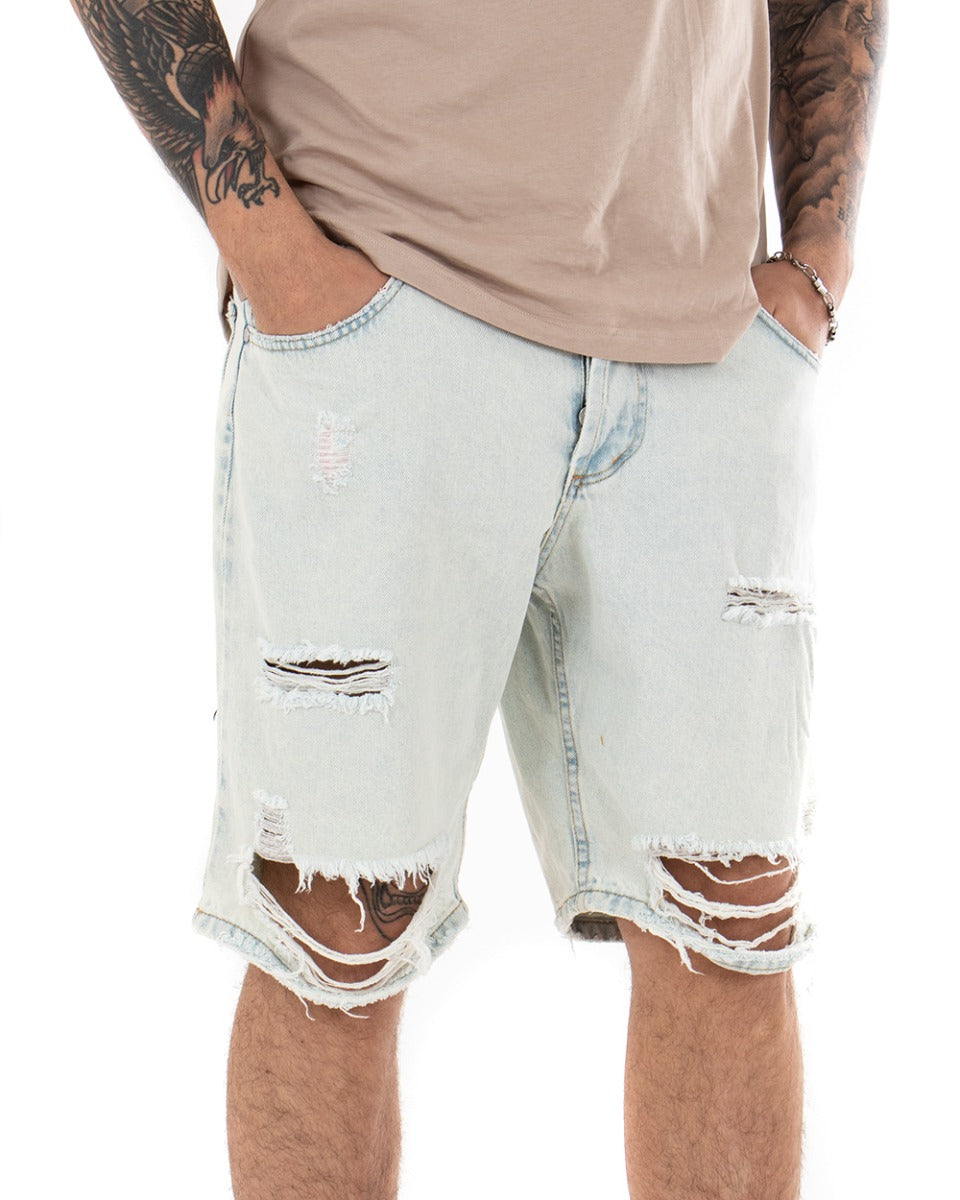 Bermuda Pantaloncino Uomo Denim Chiaro Sabbiato Rotture Cinque Tasche GIOSAL-PC1697A