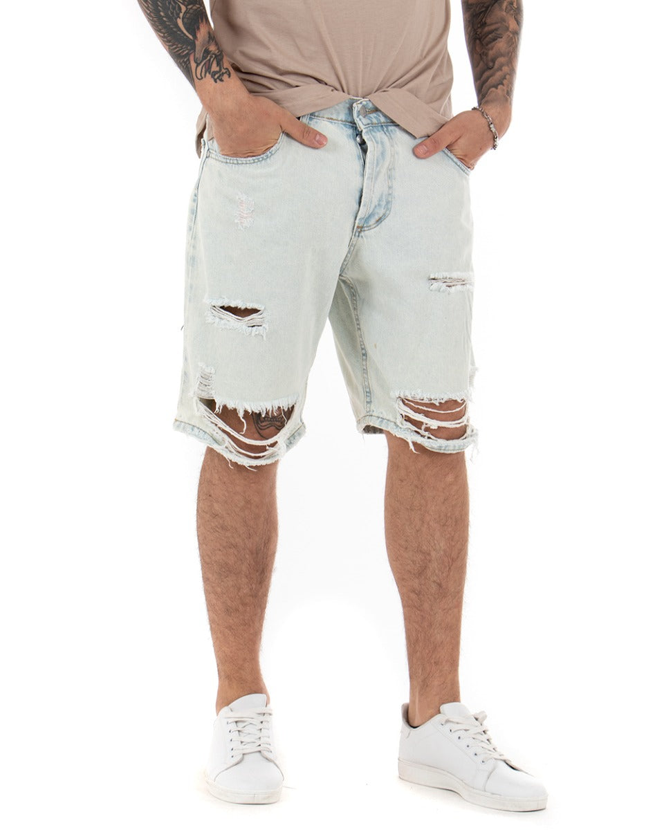 Bermuda Pantaloncino Uomo Denim Chiaro Sabbiato Rotture Cinque Tasche GIOSAL-PC1697A